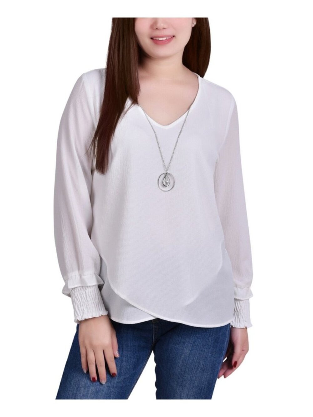 NWT Ny Collection Womens Crepe Blouse Top with Necklace MCRU1045 White L